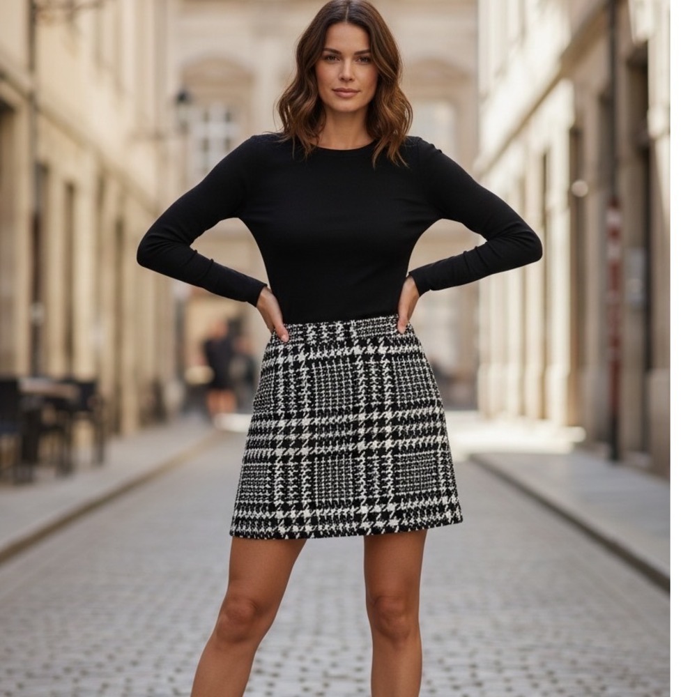 Altar'd State Black White Houndstooth Tweed Mini Skirt Academia Preppy Office M - Picture 10 of 12